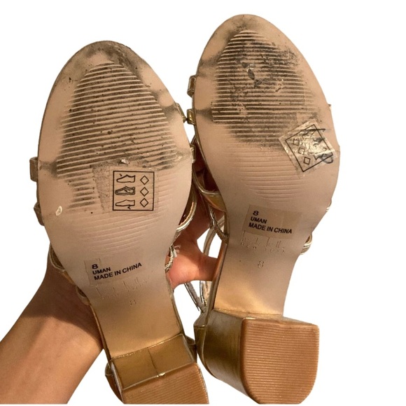Nicole Miller Metallic Gold Strappy Chunky Heels Size 8 - Picture 10 of 12